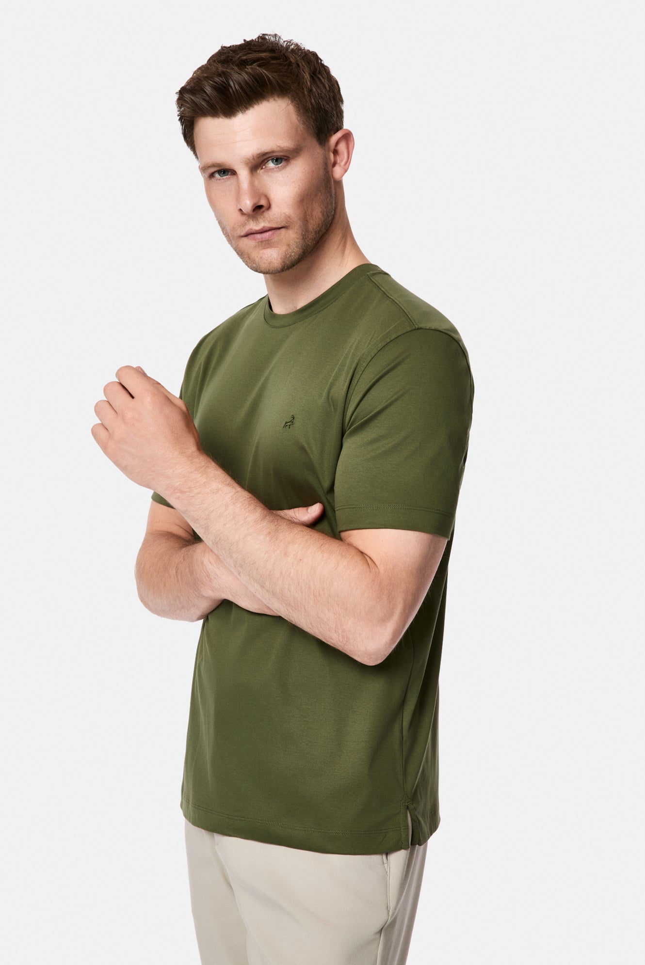 Orta Haki Bisiklet Yaka Regular Fit Nakışlı %100 Pamuk Basic T-shirt