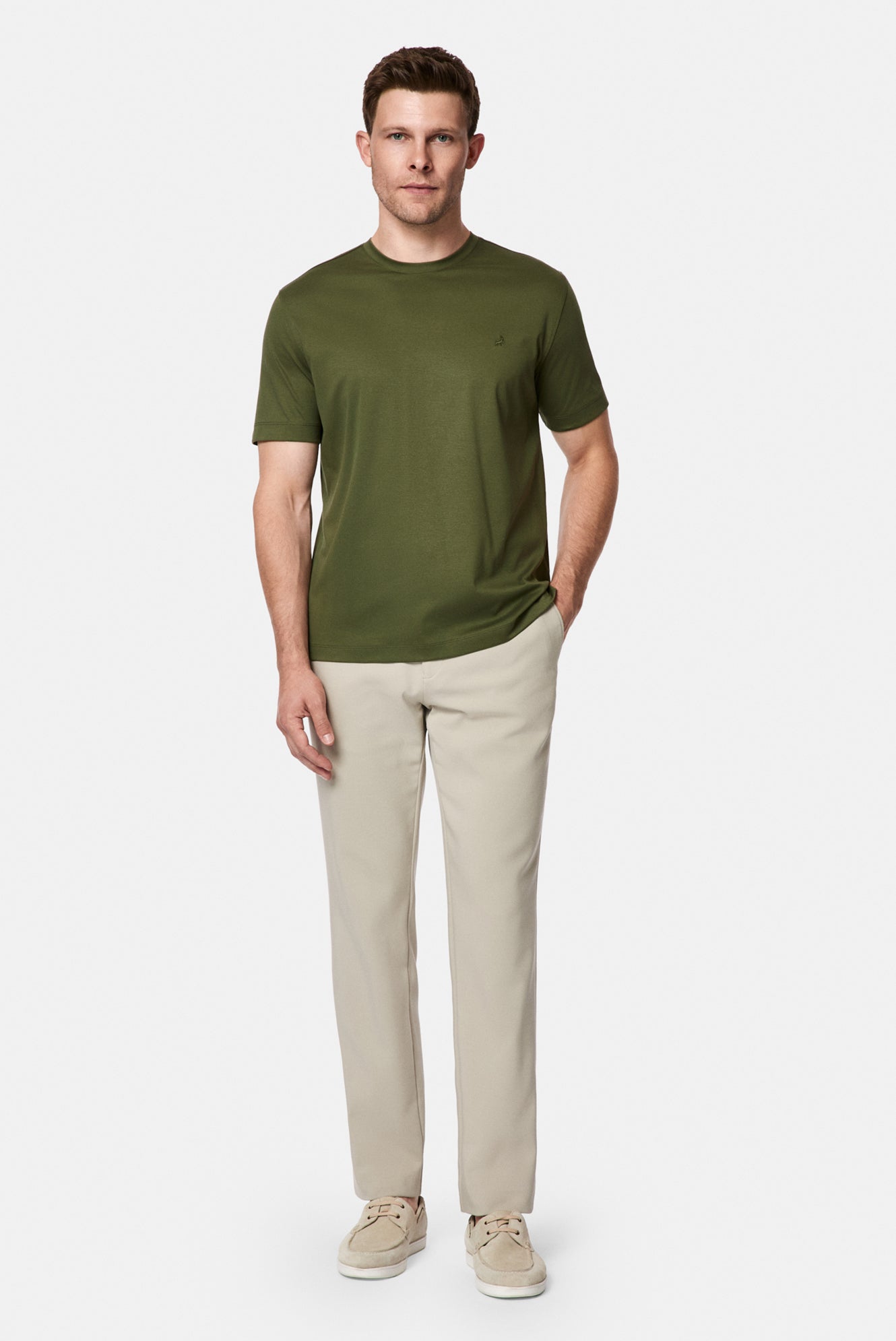 Orta Haki Bisiklet Yaka Regular Fit Nakışlı %100 Pamuk Basic T-shirt