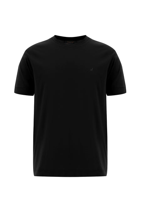 Siyah Bisiklet Yaka Regular Fit Nakışlı Merserize Pamuk T-shirt