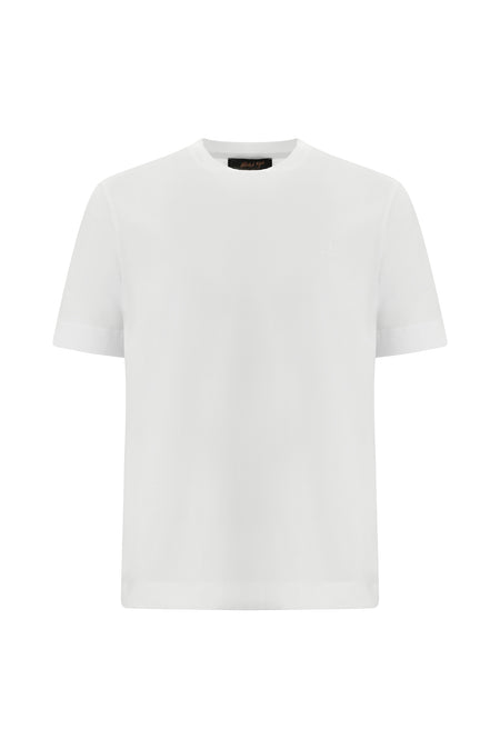 Beyaz Bisiklet Yaka Regular Fit Nakışlı Merserize Pamuk T-shirt