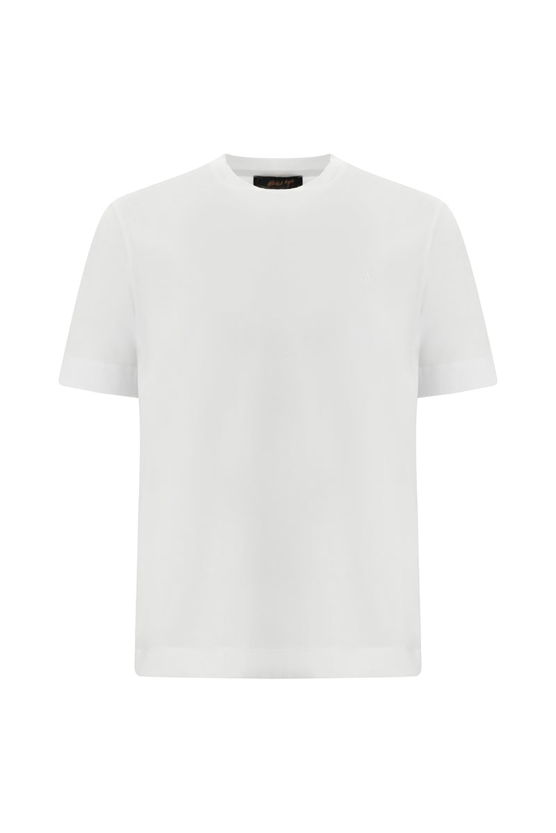 Beyaz Bisiklet Yaka Regular Fit Nakışlı Merserize Pamuk T-shirt