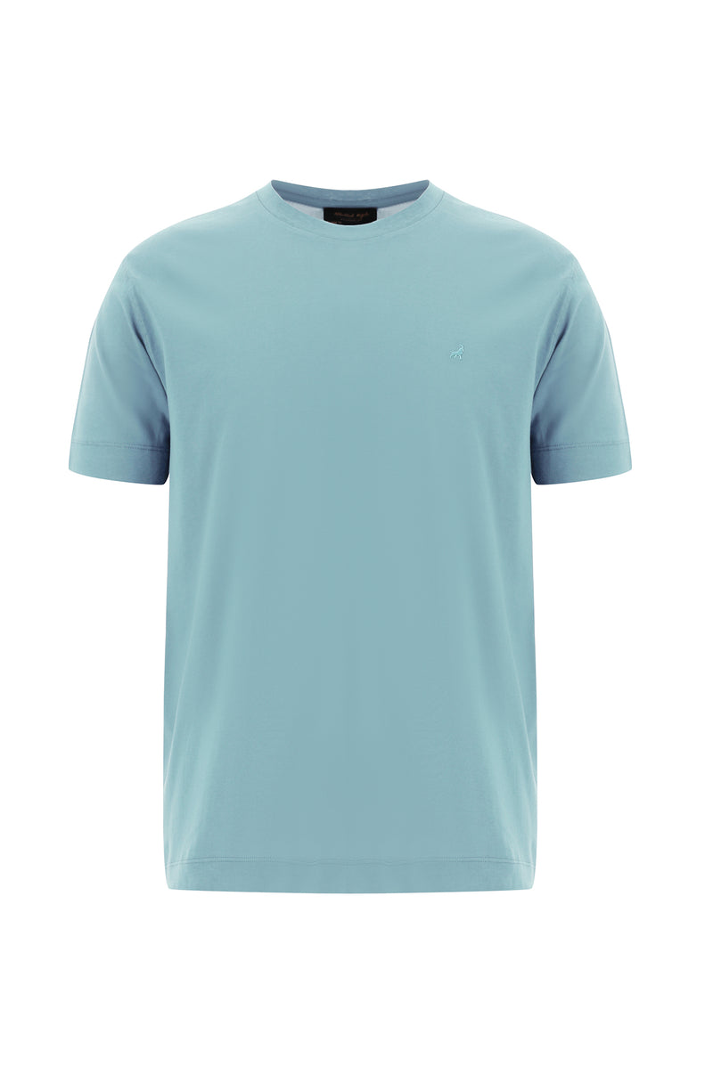 Açık Petrol Bisiklet Yaka Regular Fit Nakışlı Merserize Pamuk T-shirt