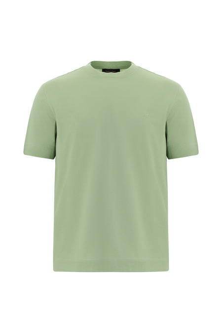 Çağla Yeşili Bisiklet Yaka Regular Fit Nakışlı Merserize Pamuk T-shirt