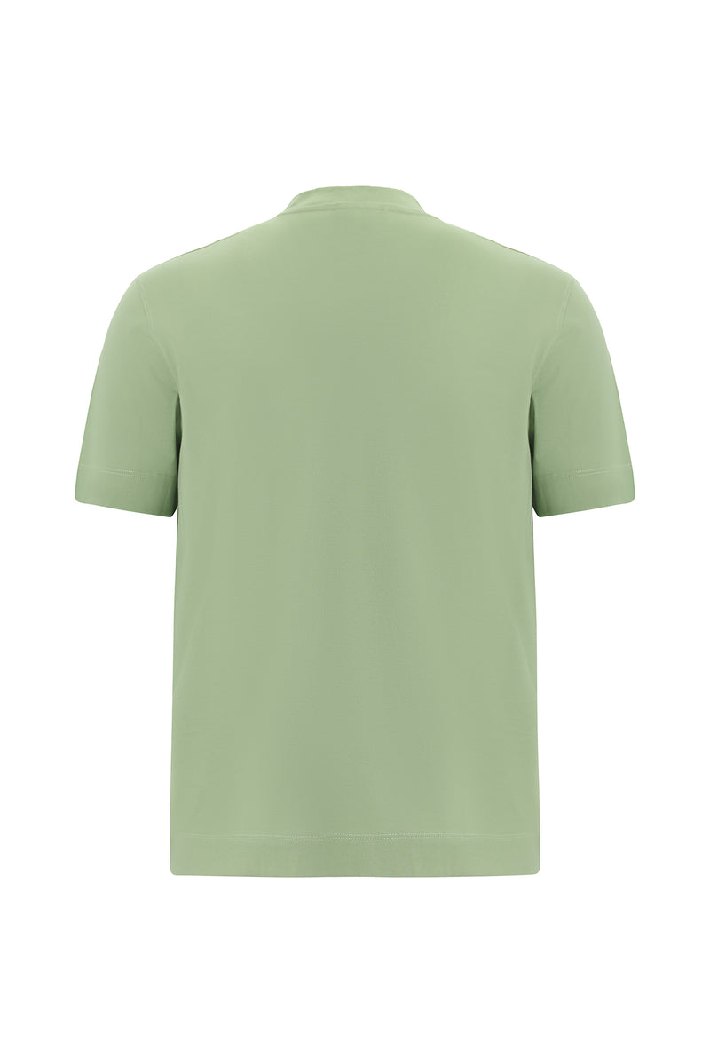 Çağla Yeşili Bisiklet Yaka Regular Fit Nakışlı Merserize Pamuk T-shirt