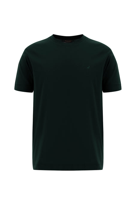 Koyu Yeşil Bisiklet Yaka Regular Fit Nakışlı Merserize Pamuk T-shirt