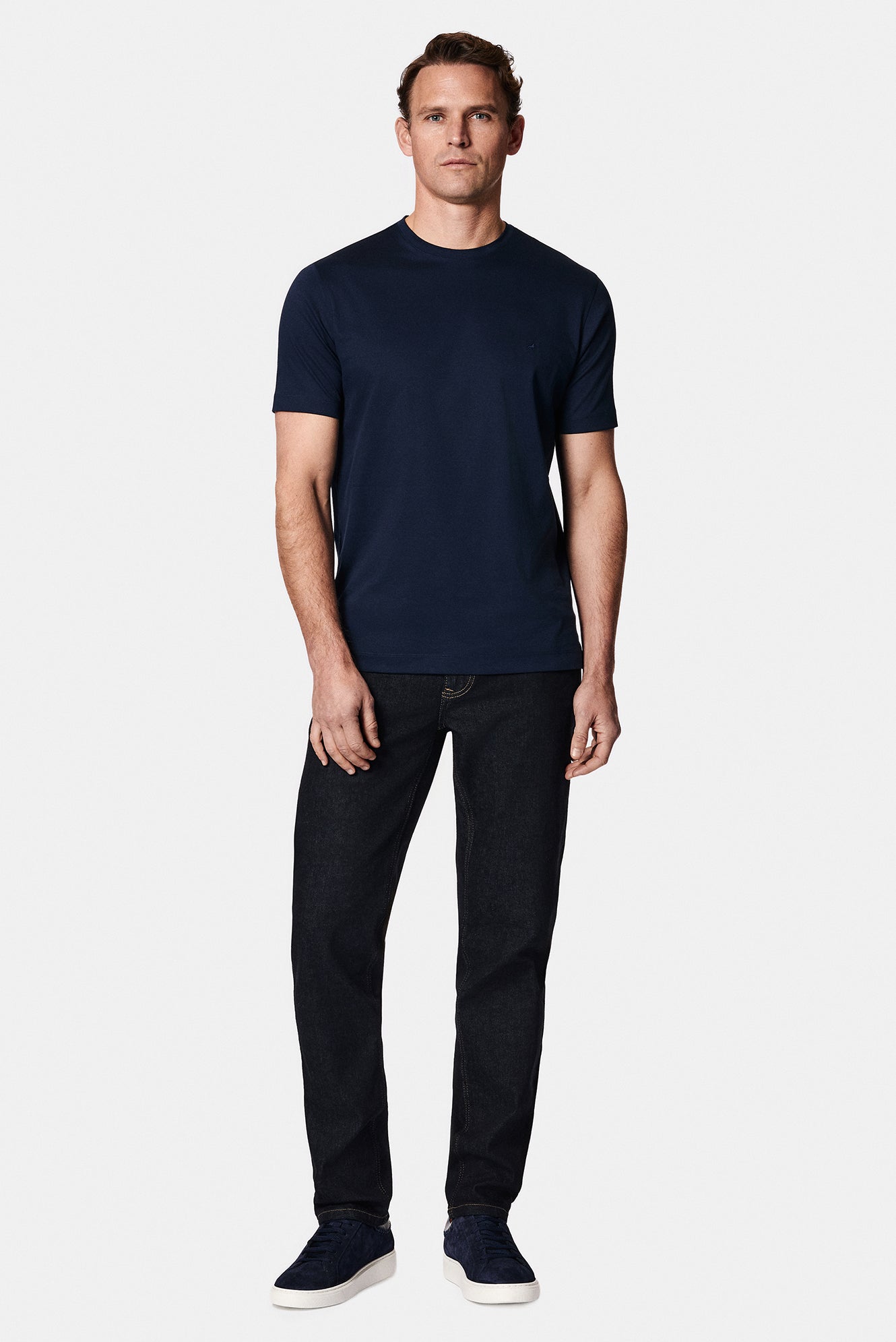 Koyu Lacivert Bisiklet Yaka Slim Fit Dar Kesim Nakışlı Pamuk T-shirt