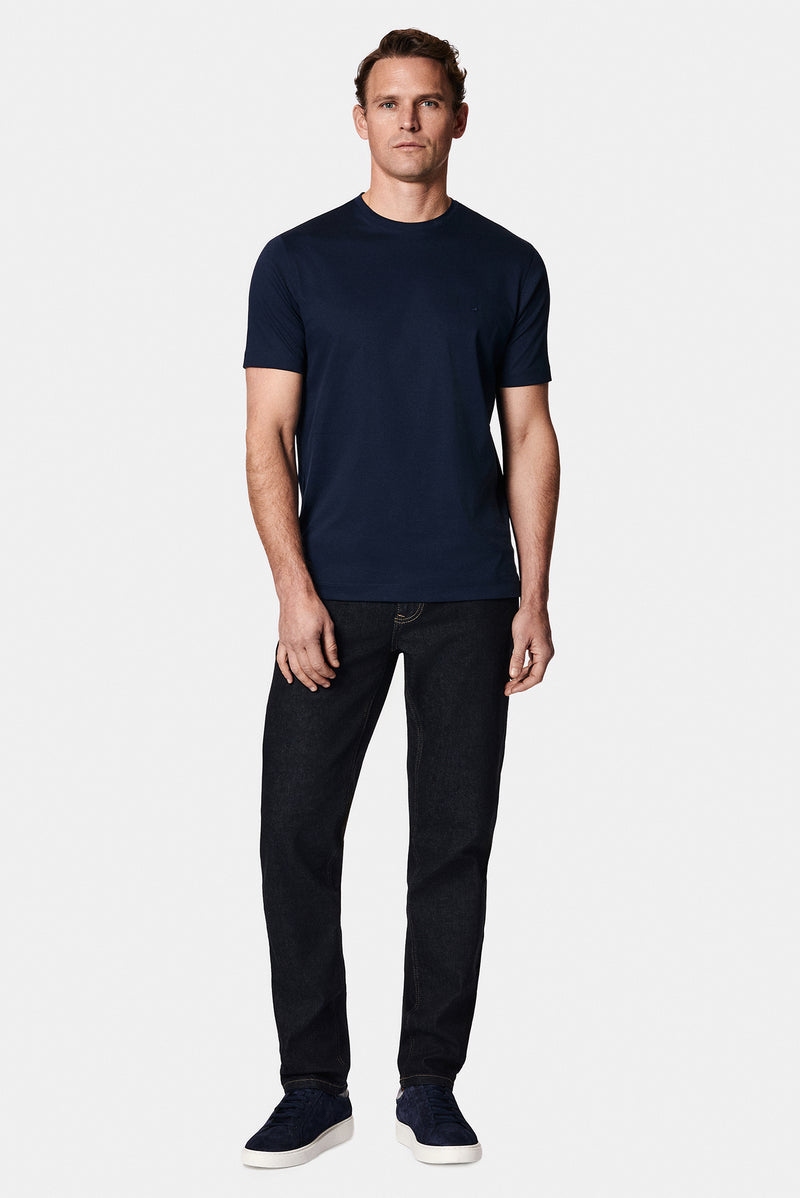 Koyu Lacivert Bisiklet Yaka Slim Fit Dar Kesim Nakışlı Pamuk T-shirt