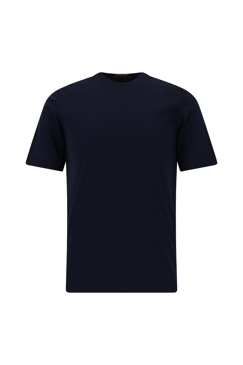 Koyu Lacivert Bisiklet Yaka Slim Fit Dar Kesim Nakışlı Pamuk T-shirt