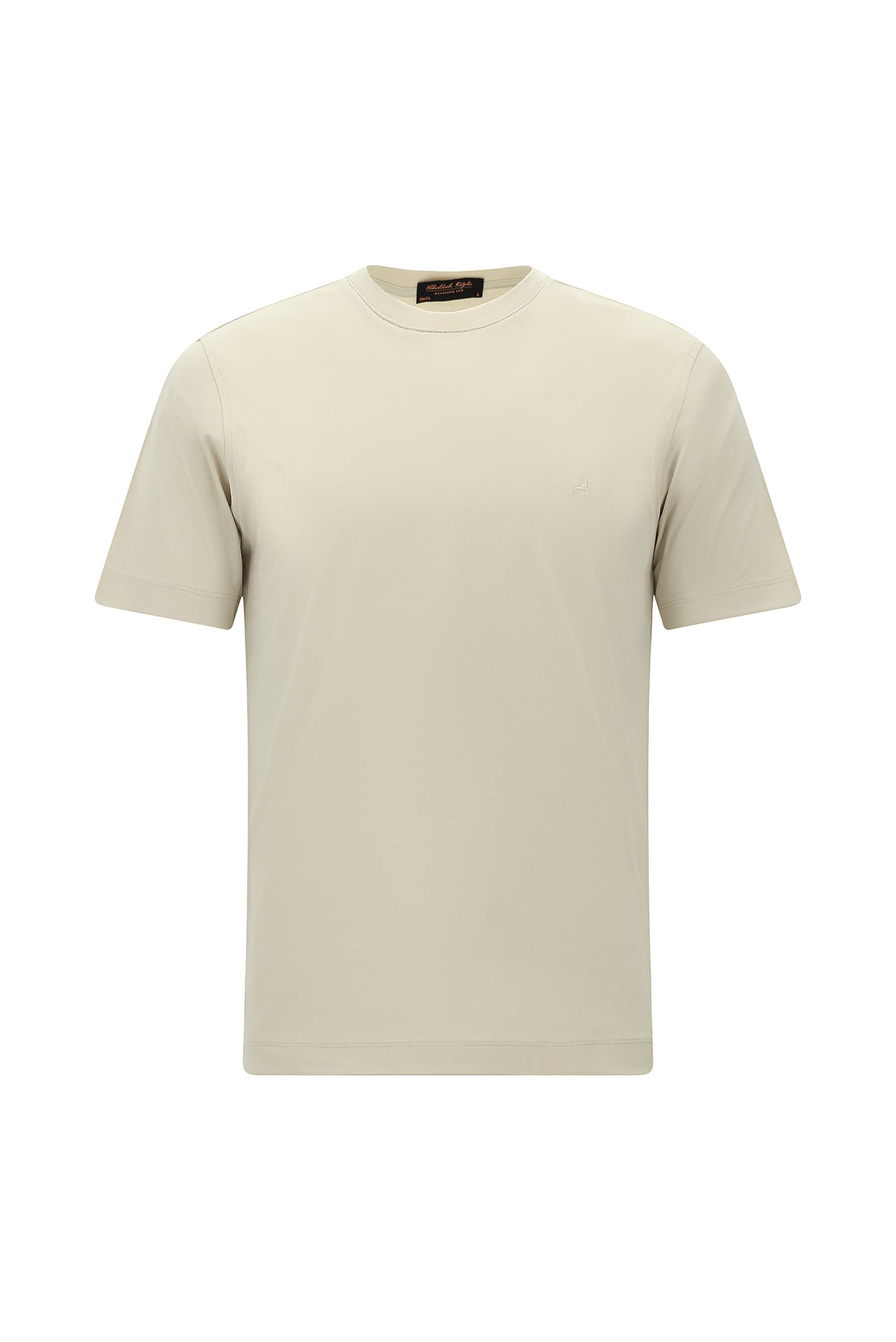 Açık Bej Bisiklet Yaka Slim Fit Dar Kesim Nakışlı Pamuk T-shirt
