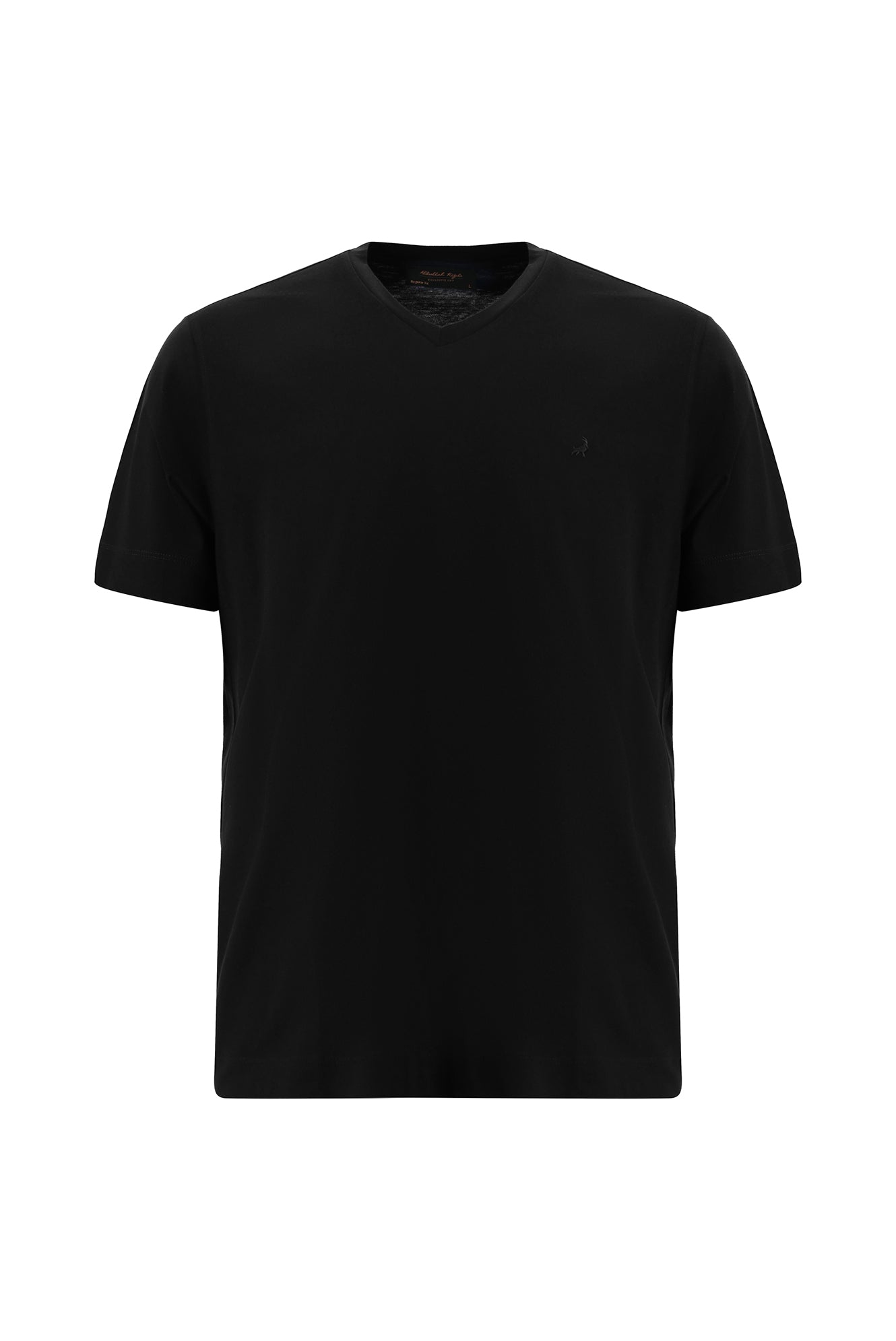 Siyah V Yaka Regular Fit Nakışlı Merserize Pamuk T-shirt