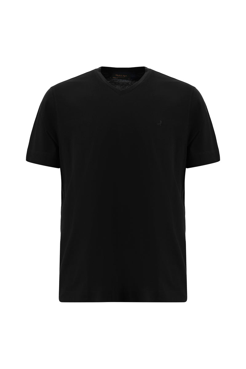 Siyah V Yaka Regular Fit Nakışlı Merserize Pamuk T-shirt