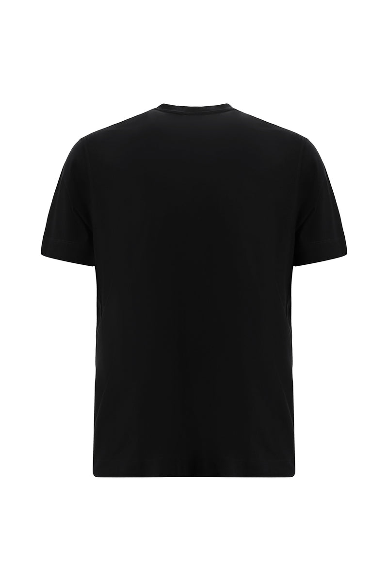 Siyah V Yaka Regular Fit Nakışlı Merserize Pamuk T-shirt
