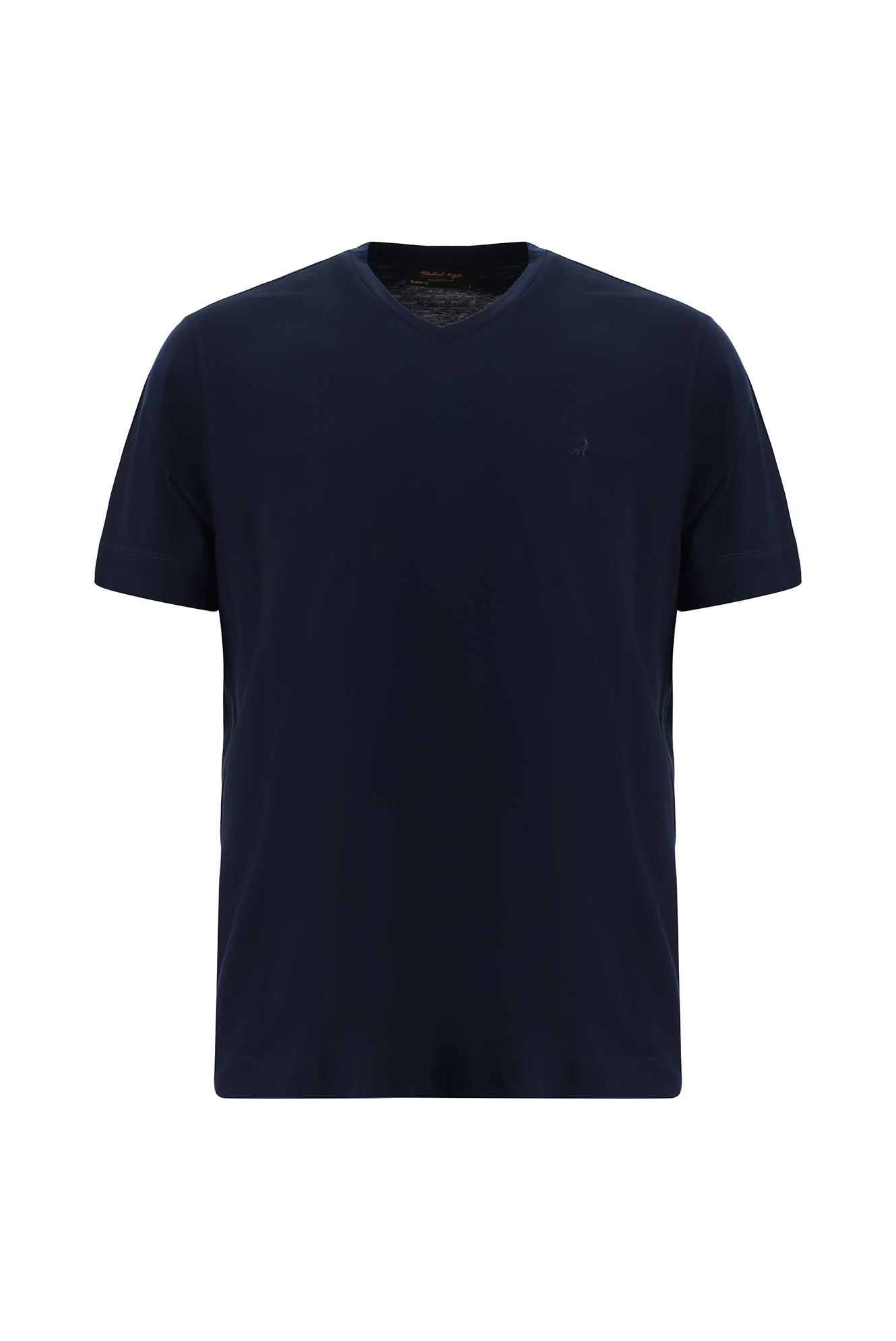 Koyu Lacivert V Yaka Regular Fit Nakışlı Merserize Pamuk T-shirt