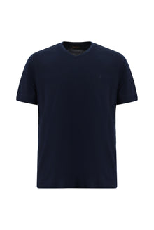 Koyu Lacivert V Yaka Regular Fit Nakışlı Merserize Pamuk T-shirt