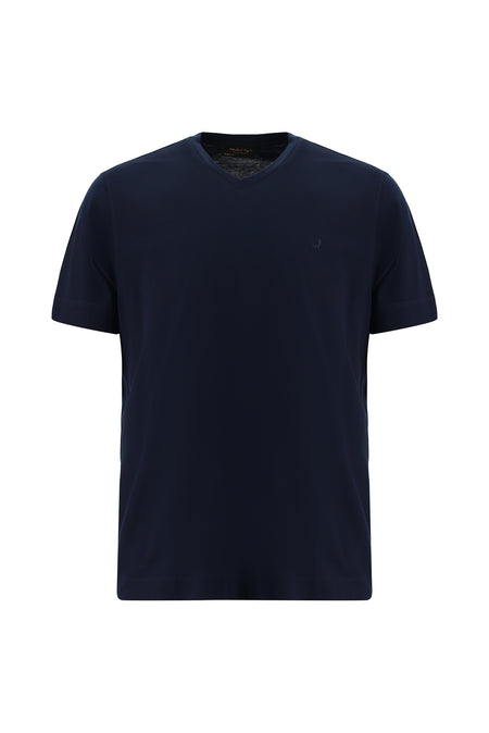 Koyu Lacivert V Yaka Regular Fit Nakışlı Merserize Pamuk T-shirt