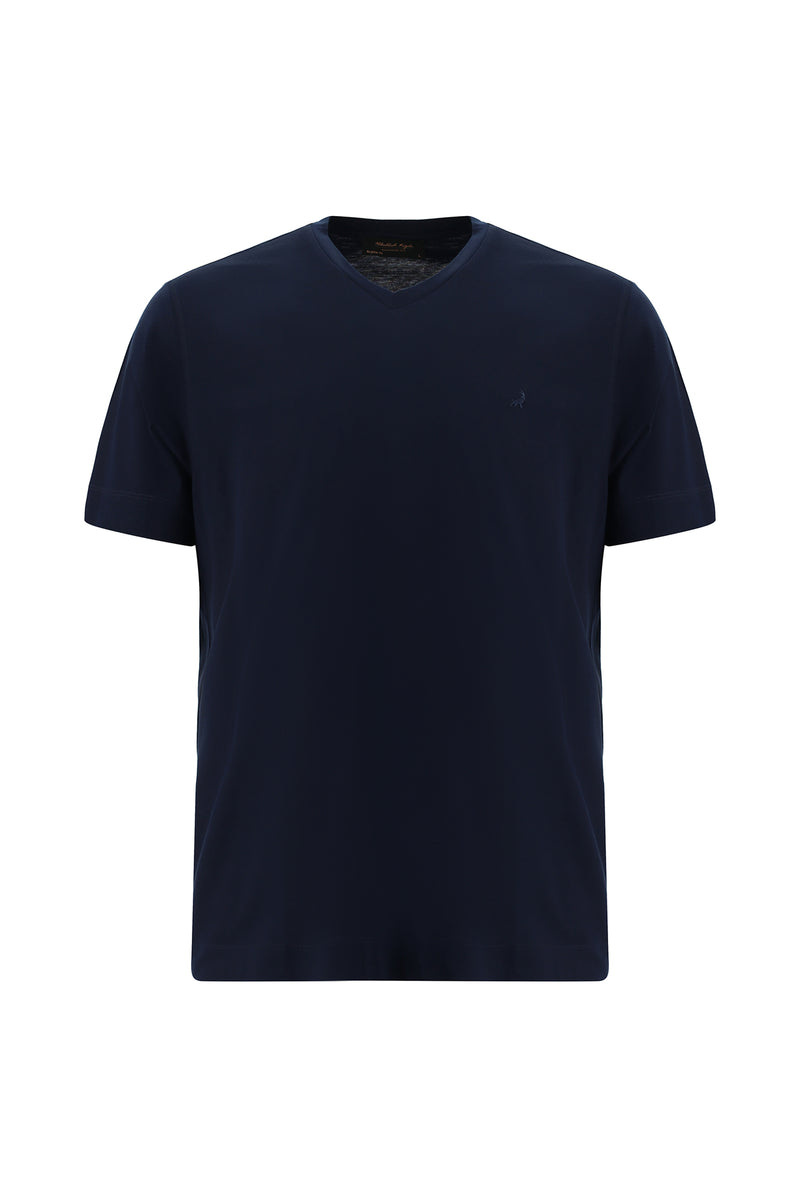 Koyu Lacivert V Yaka Regular Fit Nakışlı Merserize Pamuk T-shirt