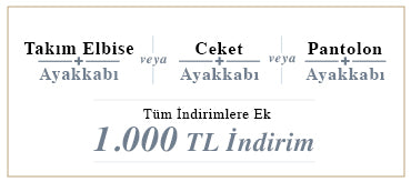 Seçili Takım Elbise, Ceket veya Pantolon + Ayakkabı Alımında 1.000 TL İndirim